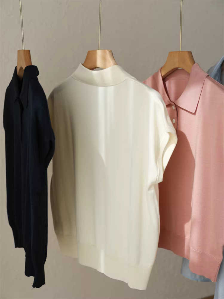 Áo thun nữ tay ngắn kiểu dáng ôm dáng, chất liệu 100% lyocell, cổ polo, tay phồng rộng, kiểu dáng mùa hè mới