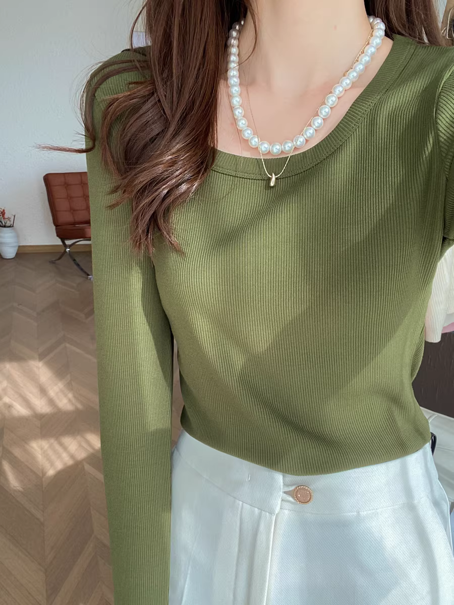 Áo thun dài tay cổ chữ U dày dặn 200g có ren dành cho nữ, áo sơ mi cơ bản đa năng màu trơn mới mùa thu đông