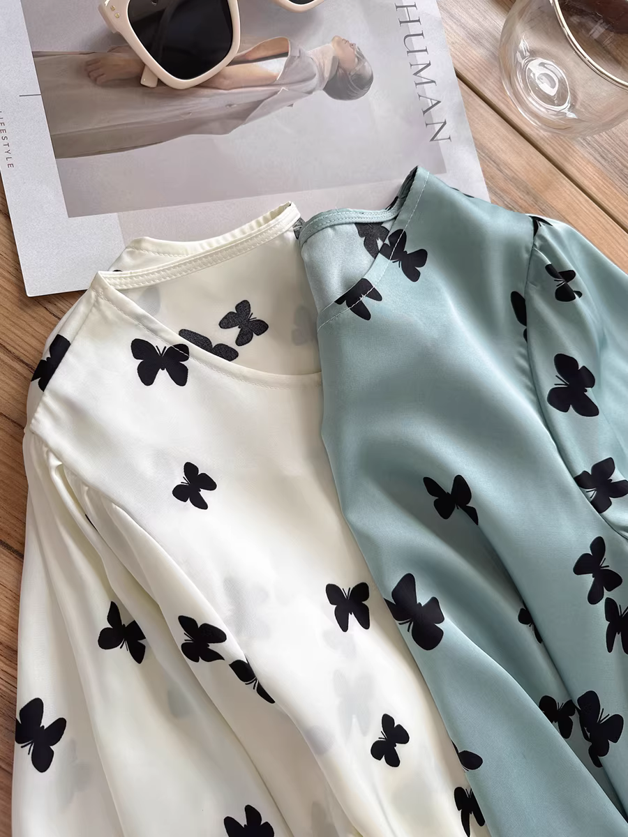 Áo sơ mi cổ tròn dáng rộng chống nhăn hình bướm lãng mạn mát mẻ bằng vải acetate cho nữ mùa hè mới