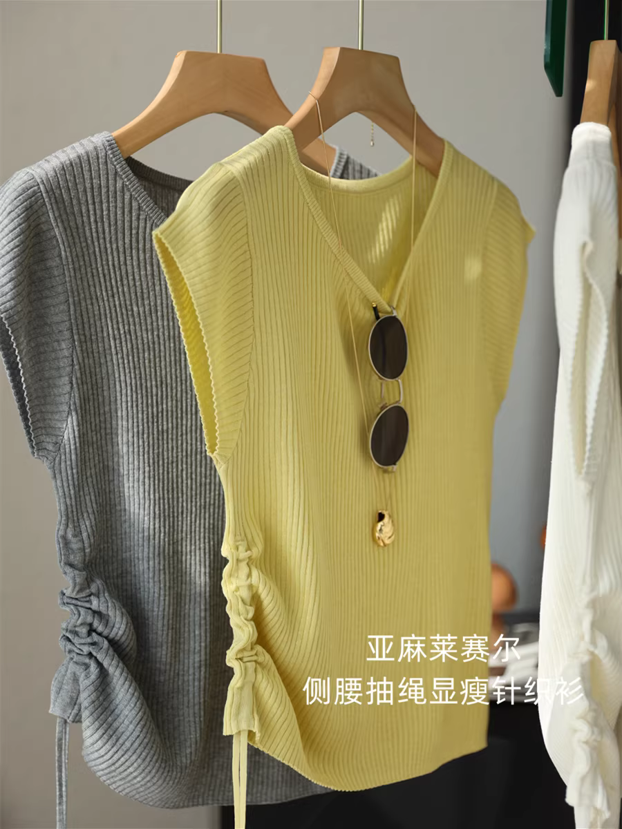 Áo thun nữ mùa hè chất liệu linen lyocell, kiểu dáng ôm eo, thiết kế cổ tròn, tay bồng nhỏ, chất liệu dệt kim mỏng, kiểu dáng ngắn tay.