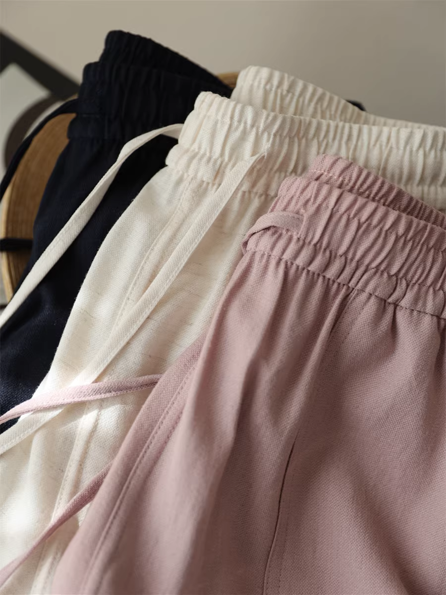 Quần short vải lanh mát mẻ, mỏng và mềm mại, không nhăn, lưng cao co giãn, quần ống rộng dáng chữ A dáng rộng dành cho nữ, mới cho mùa hè.