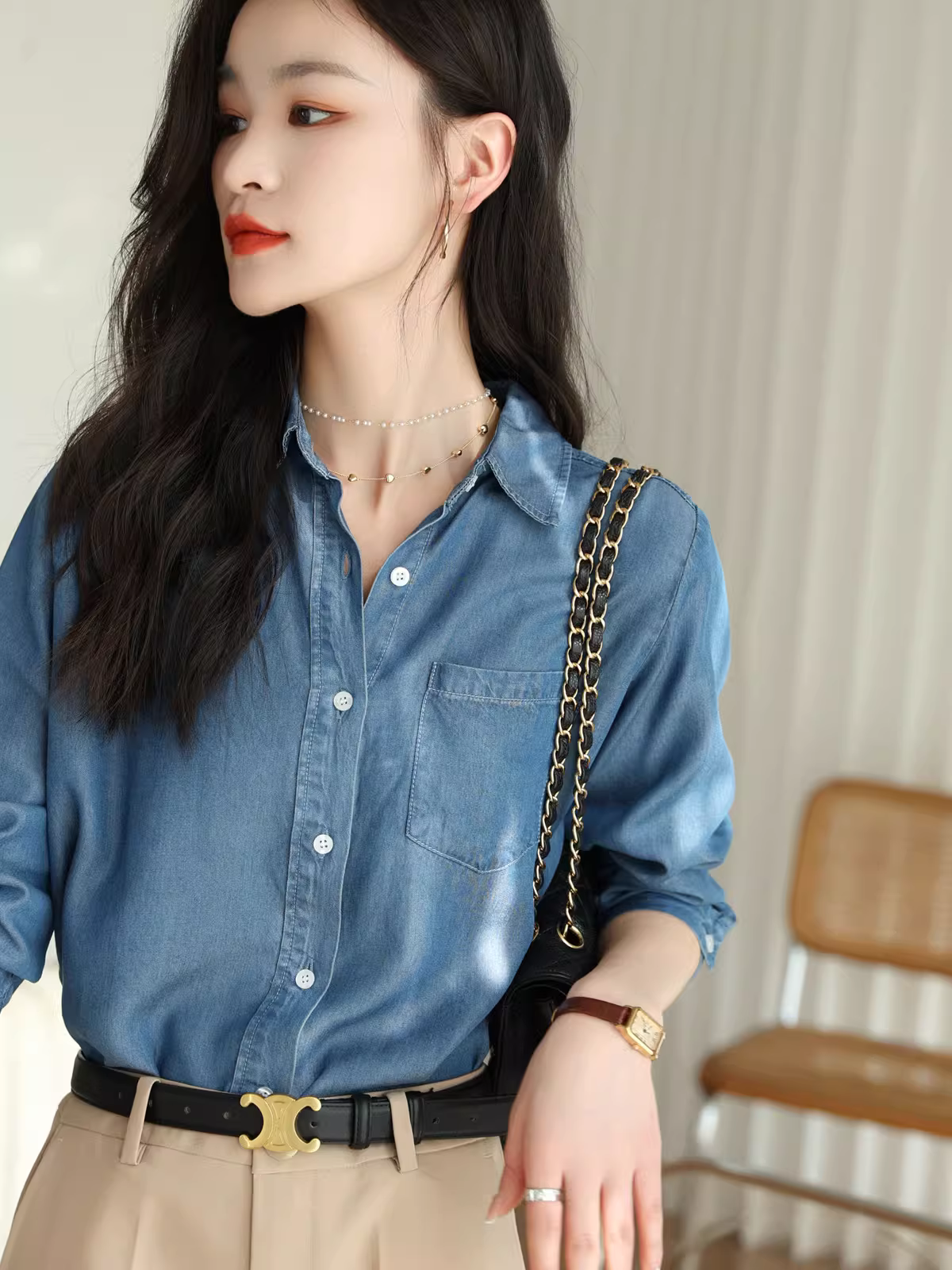 Áo sơ mi denim cotton mềm mại và thân thiện với làn da, kiểu dáng cổ điển, áo sơ mi dáng rộng và tôn dáng cho nữ, sản phẩm mới mùa xuân hè