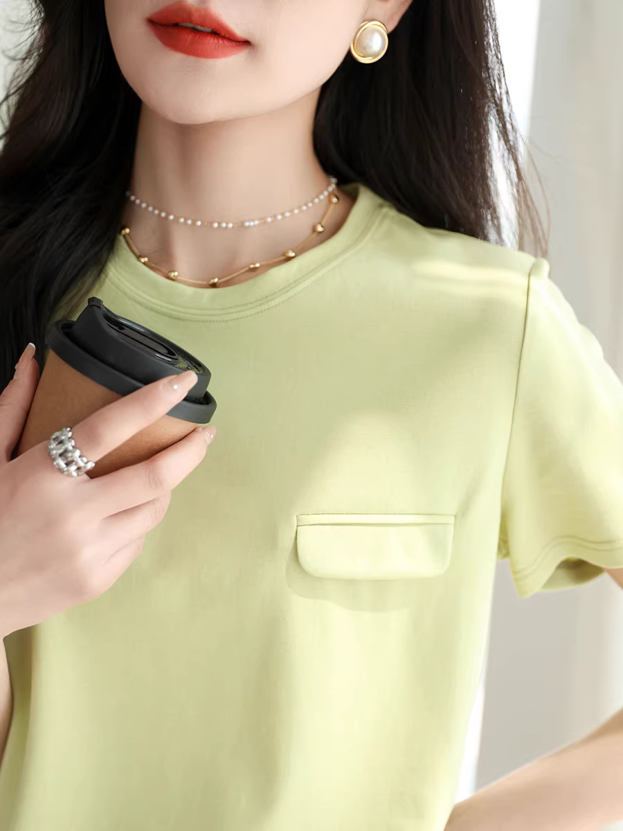 Áo thun ngắn tay cổ tròn bằng lụa tencel dành cho nữ, màu trơn đa năng phong cách mới mùa hè