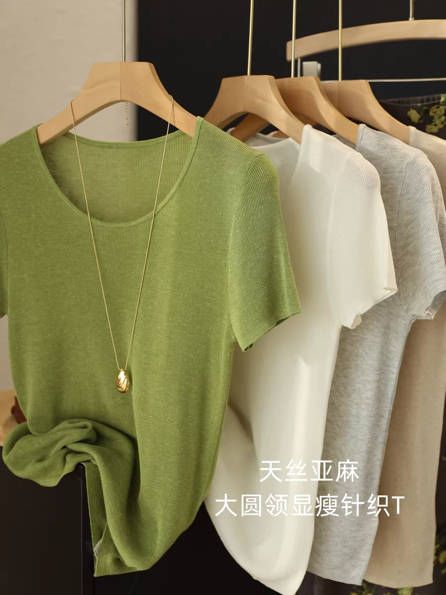 Áo thun dệt kim cổ tròn siêu thon gọn ~ Áo thun ngắn tay ôm sát chất liệu vải lanh lyocell khô thoáng và thoáng khí dành cho nữ, mẫu mới cho mùa hè