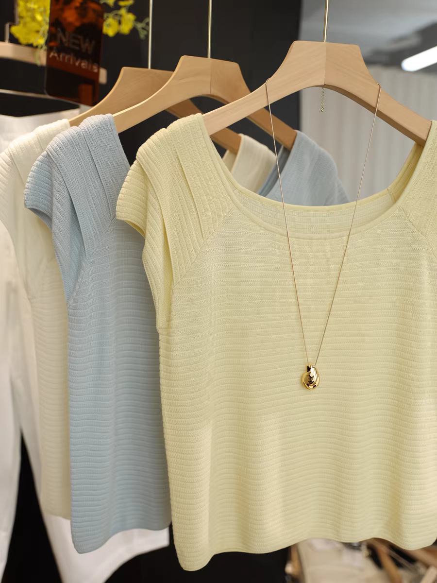 Áo len dệt kim tay bồng cổ vuông kiểu Pháp, chất liệu 100% Lyocell, nhẹ và mát, ôm dáng, thời trang dành cho nữ, mẫu mới mùa hè.