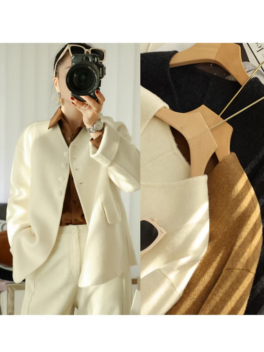 Áo khoác len cao cấp 100% len, làm thủ công hai mặt dành cho nữ, kiểu dáng rộng cổ chữ V, cài khuy đơn, chất liệu len, dài trung bình, thích hợp cho mùa thu đông.