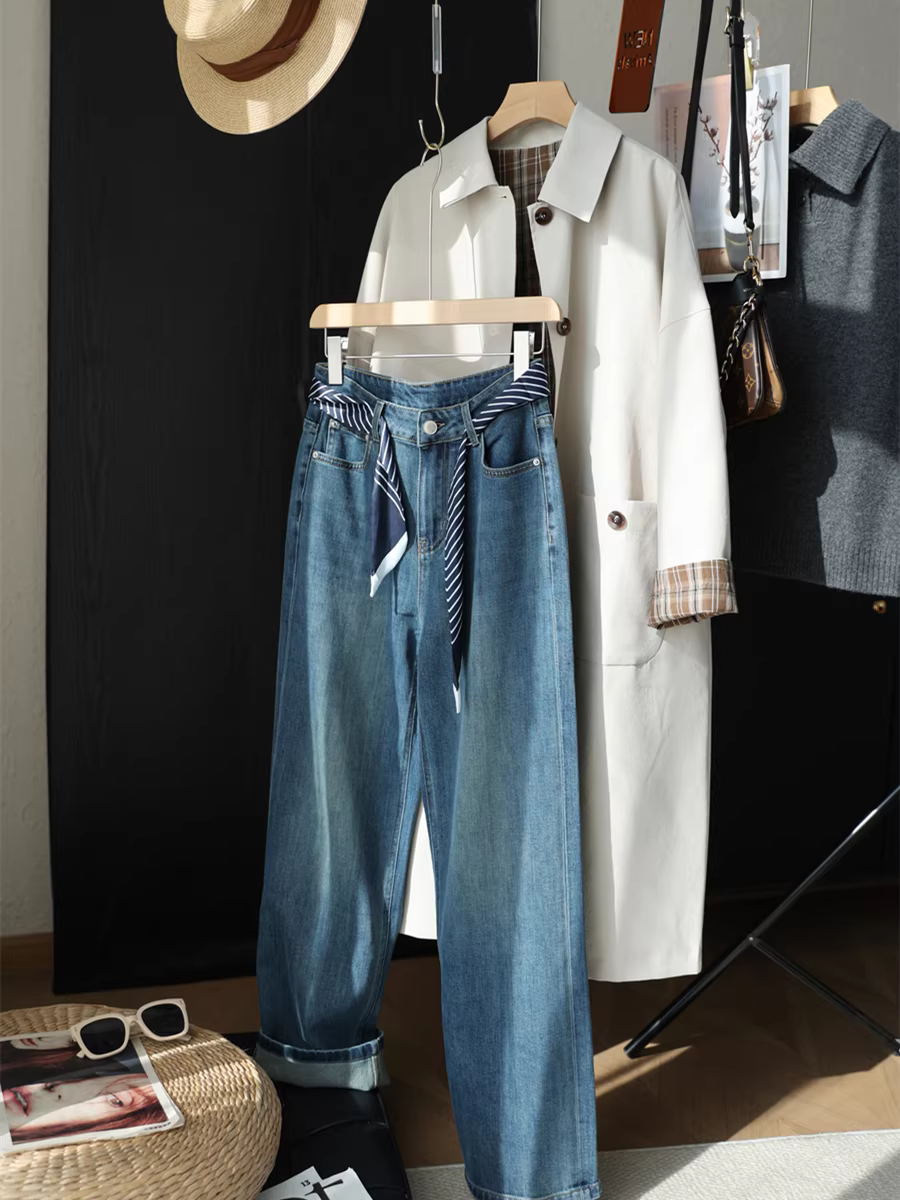 Kiểu dáng thời trang và đa năng! Quần jean thiết kế thắt lưng khăn lụa, cạp cao, tôn dáng, ống thẳng, quần ống rộng hẹp dành cho nữ vào mùa thu.