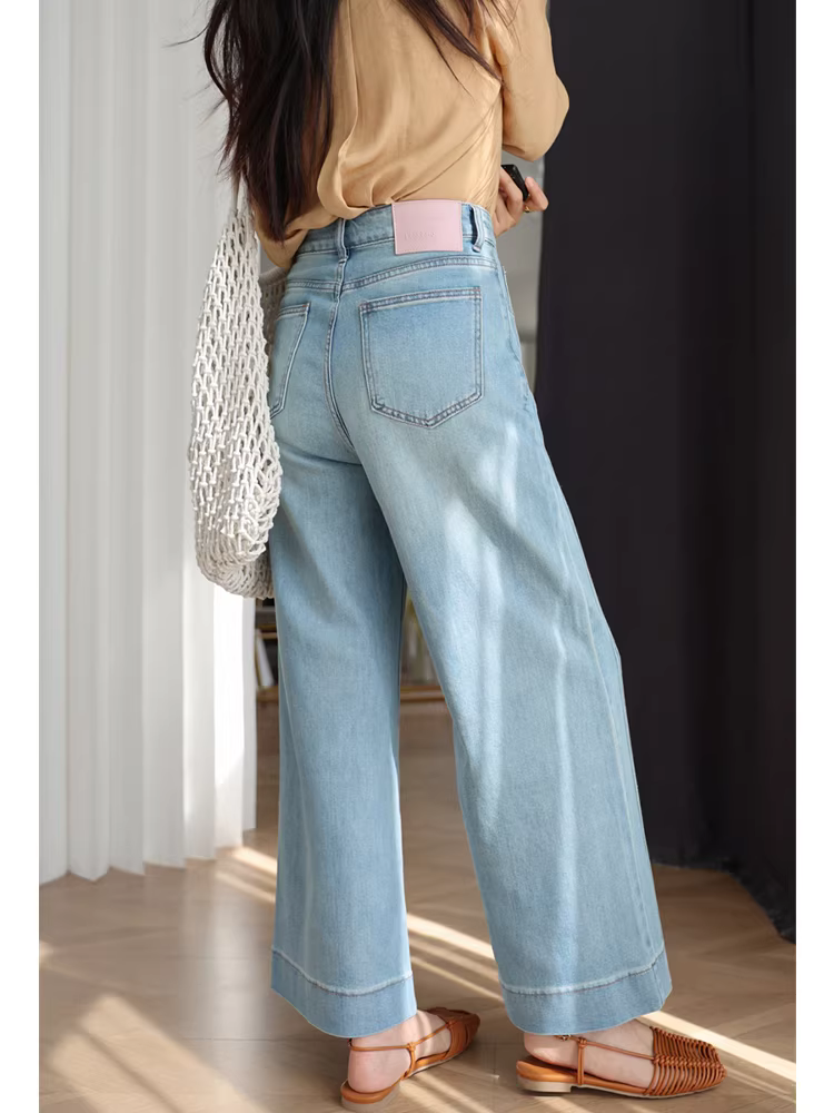 Thân thiện với người nhỏ nhắn ~ Thiết kế hai đường đường may giúp chân trông thẳng hơn Quần jean ống rộng lưng cao chất liệu cotton Lyocell giúp thon gọn dáng người dành cho nữ mùa hè