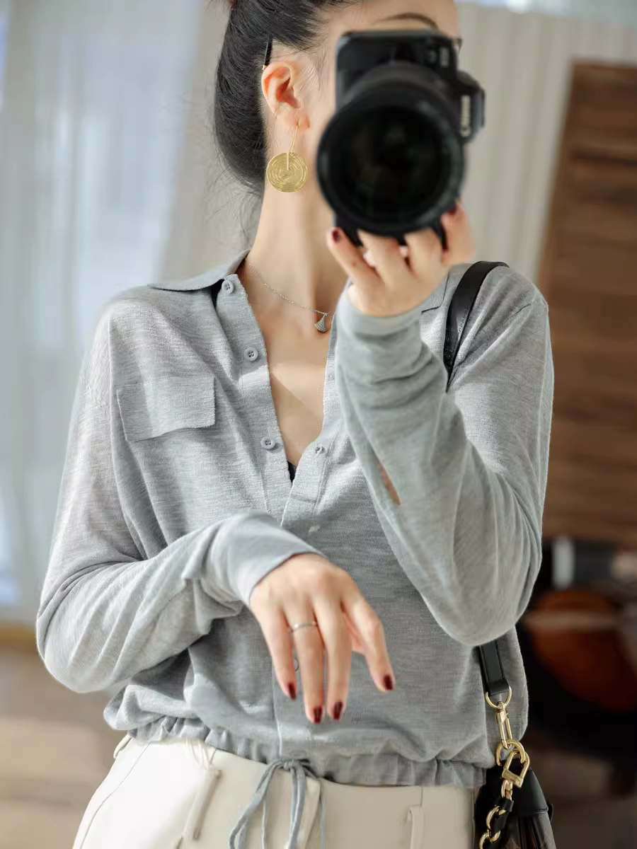 【Viscose sợi dài có thể giặt bằng máy】Áo cardigan dệt kim có dây rút ở viền, thoáng khí, nhẹ, thoáng khí, dệt kim mịn 16 gauge dành cho nữ