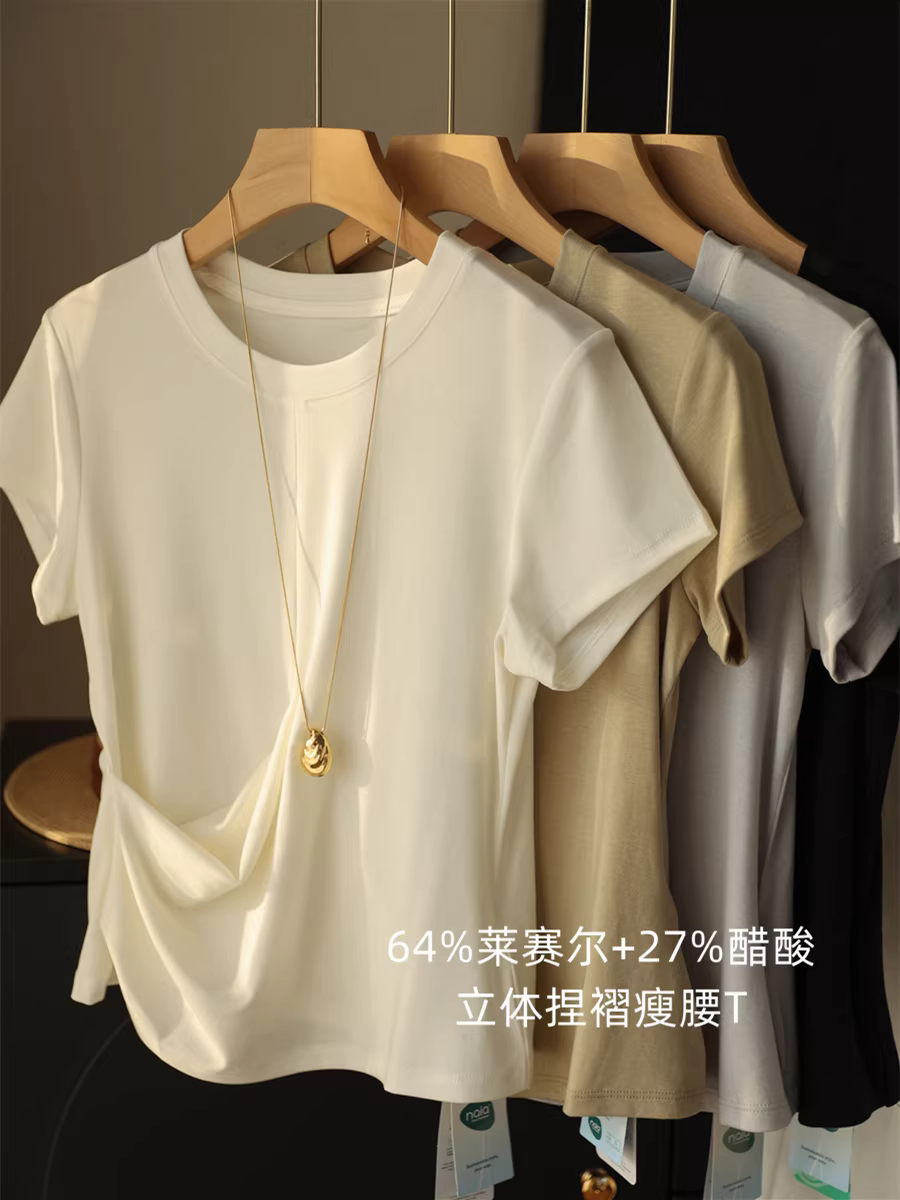 Áo thun xếp ly ba chiều thon gọn eo, áo thun dáng rộng cổ tròn tay ngắn làm mát mật độ cao bằng acetate lyocell dành cho nữ, mới cho mùa hè.