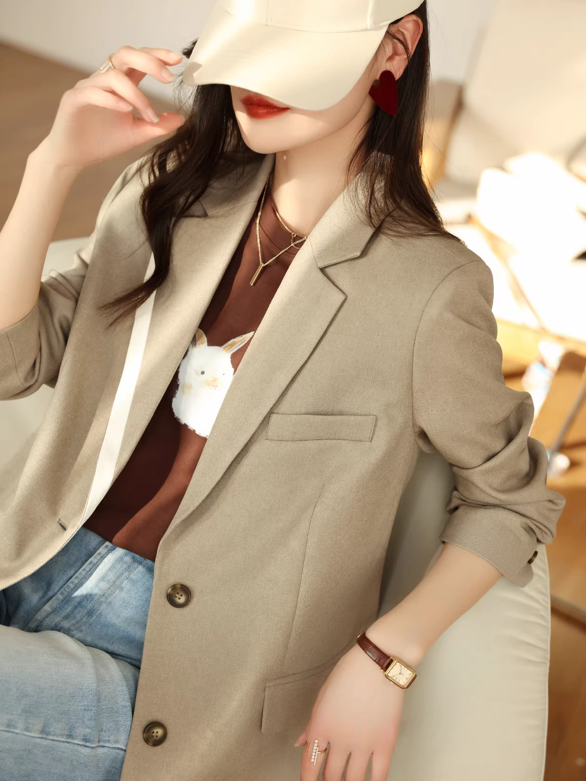 Áo blazer đơn hàng nút, cổ phối màu phong cách boutique dành cho nữ, mùa xuân