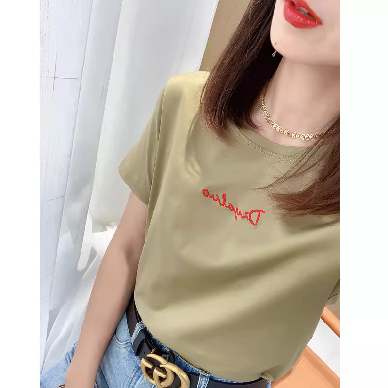 Áo thun ngắn tay cổ tròn hai mặt bằng cotton được làm bóng mật độ cao 80 sợi, thêu chữ nặng bền mùa xuân hè dành cho nữ, áo cotton nguyên chất dáng rộng