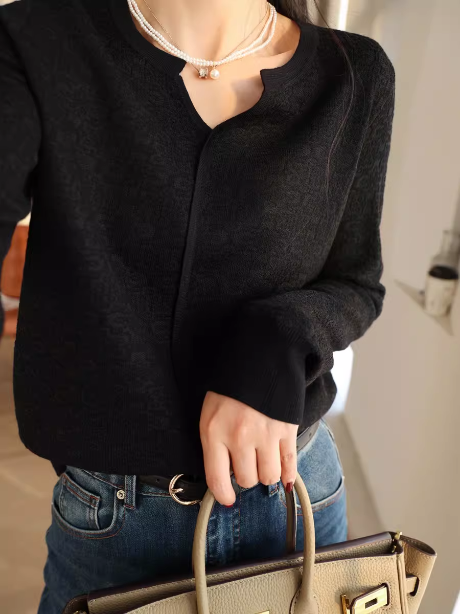 Áo len len phong cách Trung Quốc mới ren jacquard cổ chữ V dệt kim dài tay áo thun mỏng dành cho nữ đầu xuân