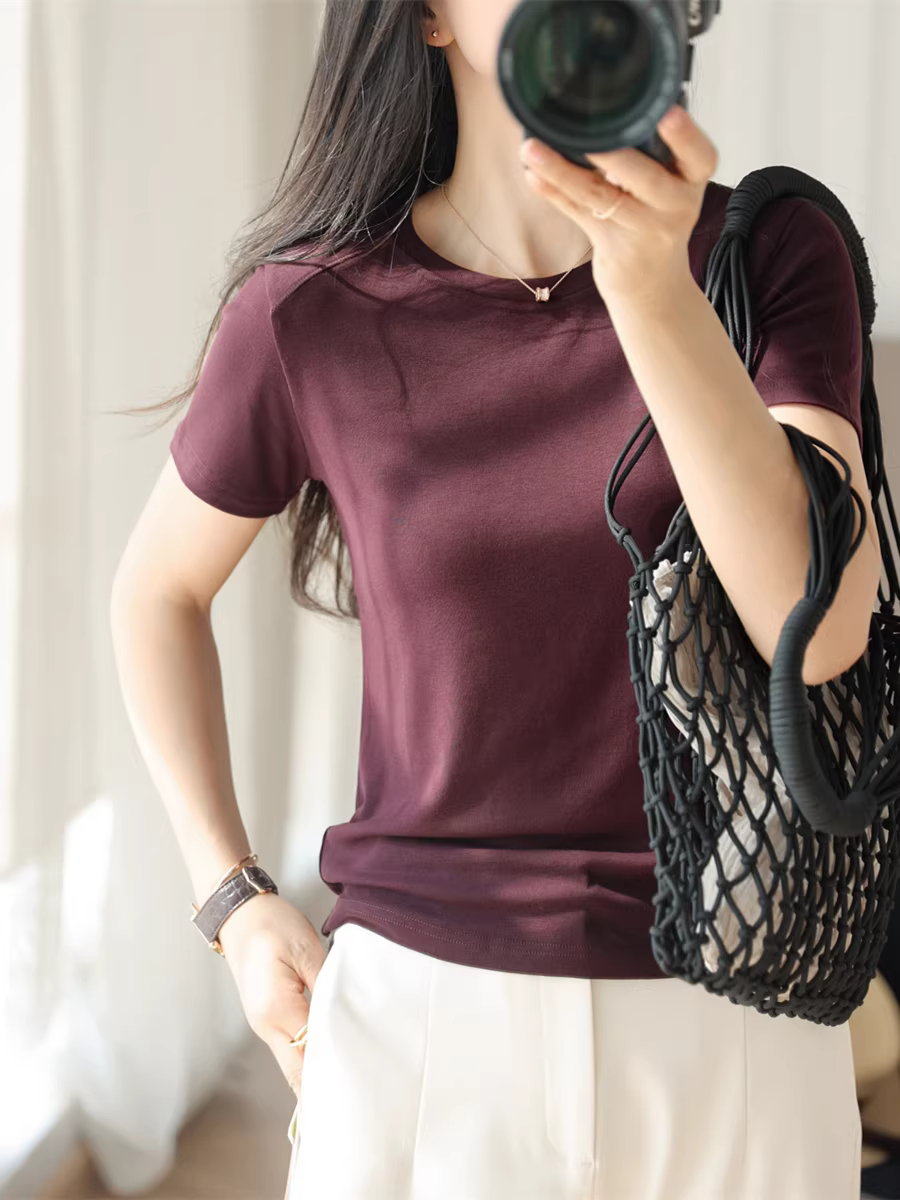 Áo thun thân thiện với da cổ tròn + cổ đứng nhỏ, làm từ len lyocell acetate, mềm mại và co giãn, áo thun ngắn tay dành cho nữ trong mùa hè.