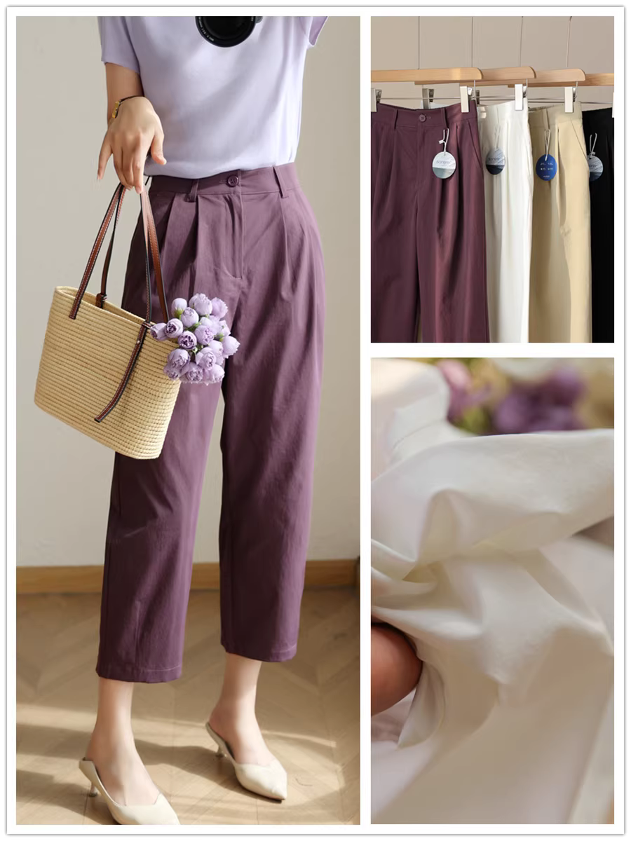 Quần cotton siêu chống nhăn! Quần ống rộng, lưng cao, co giãn, nhẹ, mỏng, dáng rộng, tôn dáng, quần ống rộng, quần ống rộng, quần thường ngày chín phần dành cho nữ trong mùa hè.