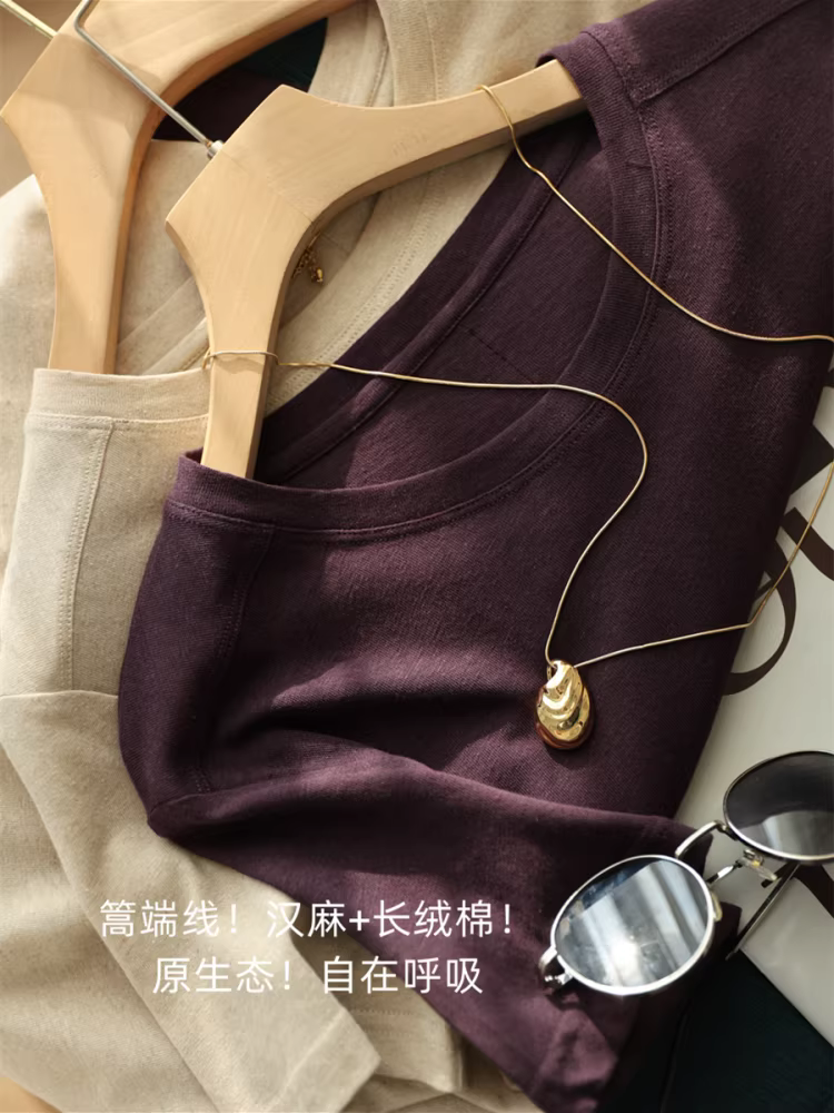 Áo thun nữ cổ tròn tay ngắn chất liệu gai dầu + cotton dài sợi! Thoáng khí, mỏng nhẹ, đơn giản, năng động, đa năng, thích hợp cho mùa hè.