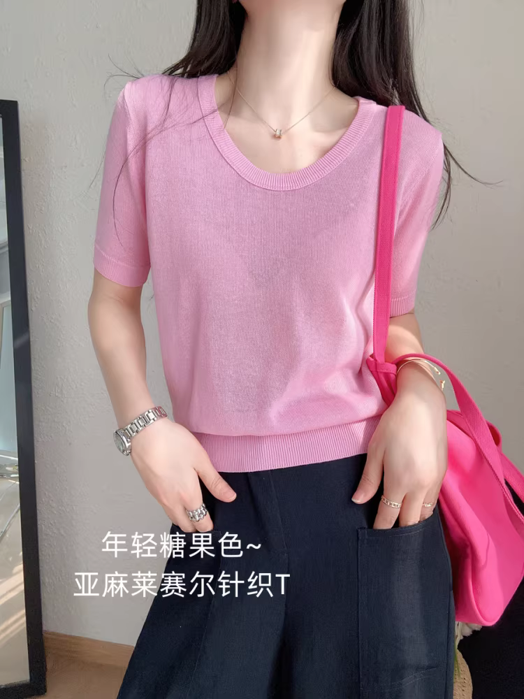 Màu kẹo ngọt ngào ~ Áo dệt kim thoáng khí bằng vải lanh lyocell cổ tròn dáng rộng, áo ngắn tay mỏng dành cho nữ mùa hè mới