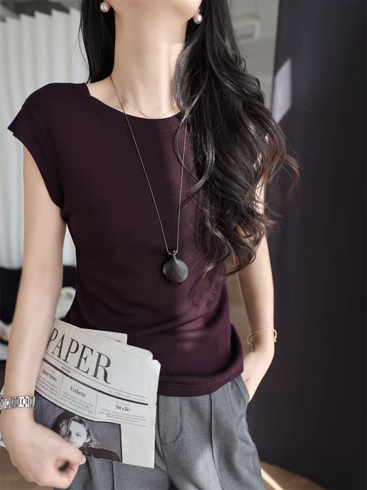 Áo thun lụa Lyocell mềm mại, bay bổng, kiểu dáng ôm dáng, tay bồng, cổ tròn, tay ngắn dành cho nữ, mẫu mới mùa hè