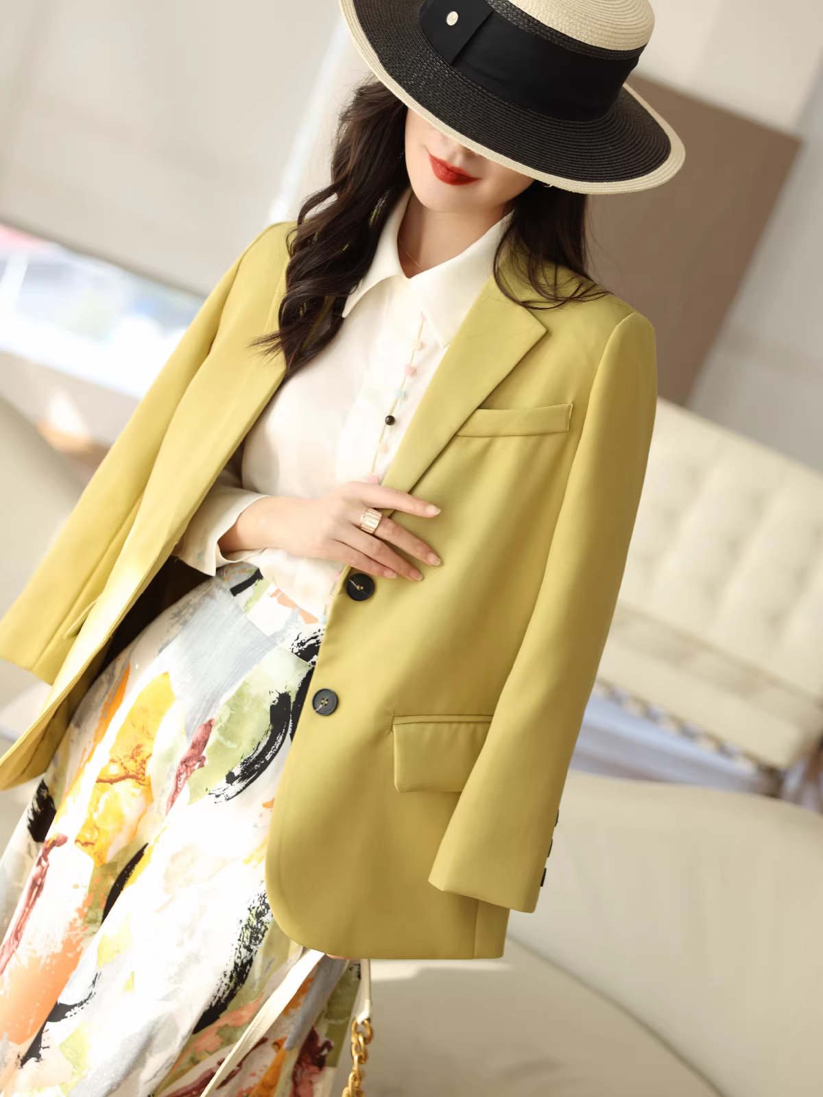 Áo sơ mi dài tay satin bóng mượt nhiều nút cầu vồng dành cho nữ mùa xuân