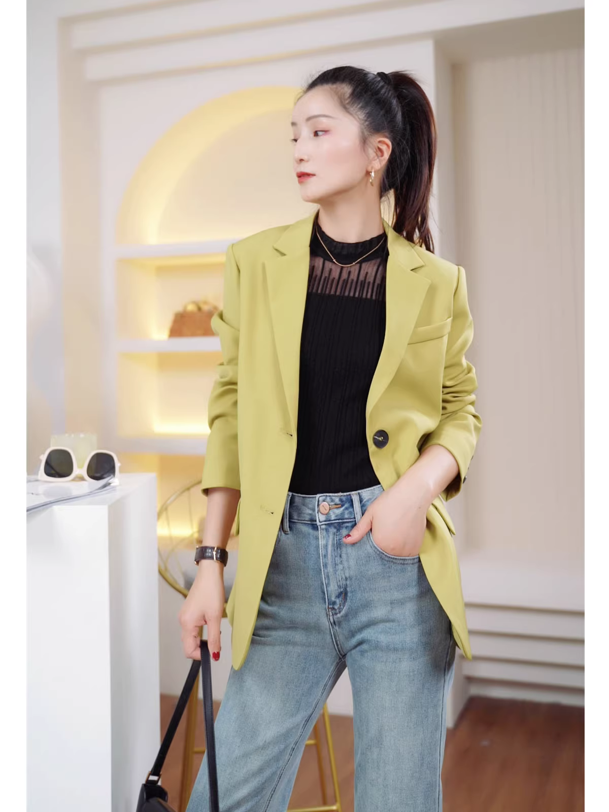 Vẻ đẹp như cổ tích, áo ba lỗ thun dệt kim len xếp ly phối lưới dành cho nữ, mới cho mùa xuân.