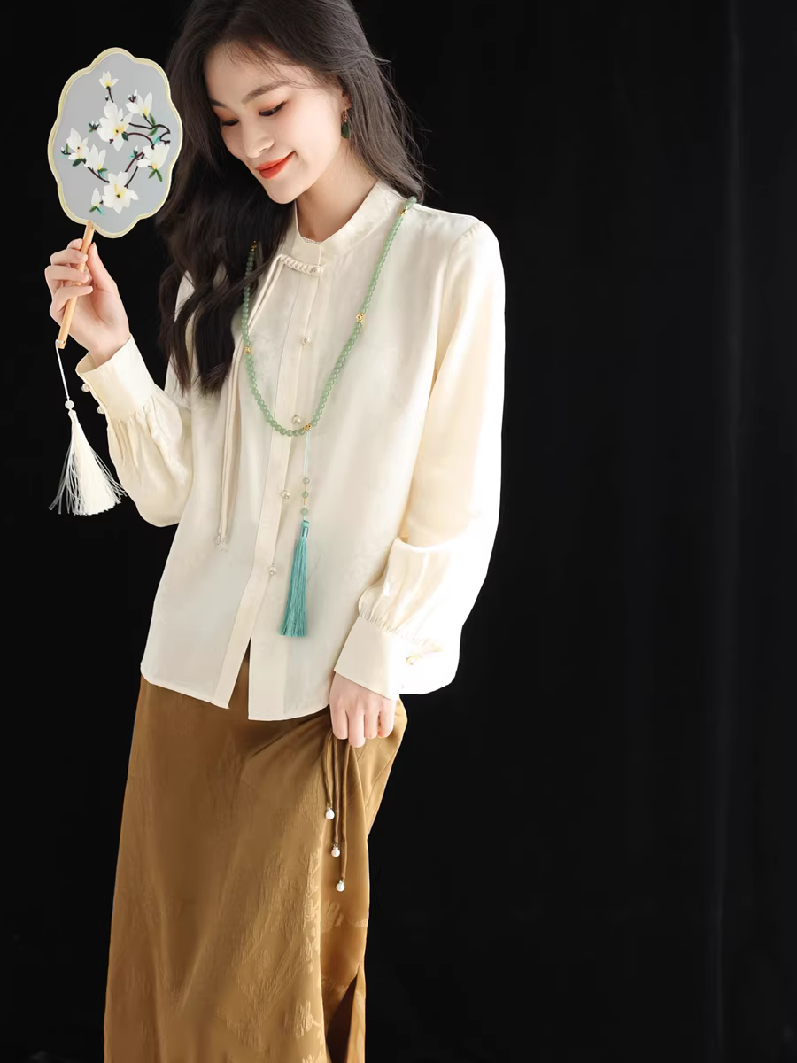 Áo sơ mi lụa cải tiến kiểu Trung Quốc mới dành cho nữ, mùa xuân, áo cổ đứng bằng lụa dâu tằm jacquard nặng 32 momme.