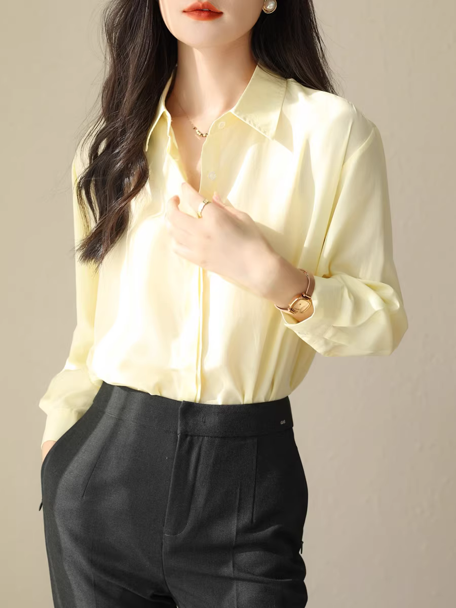 Áo sơ mi Tencel đi làm đơn giản và thanh lịch dành cho nữ, áo sơ mi dài tay dáng rộng dáng rộng đầu thu, màu trơn.