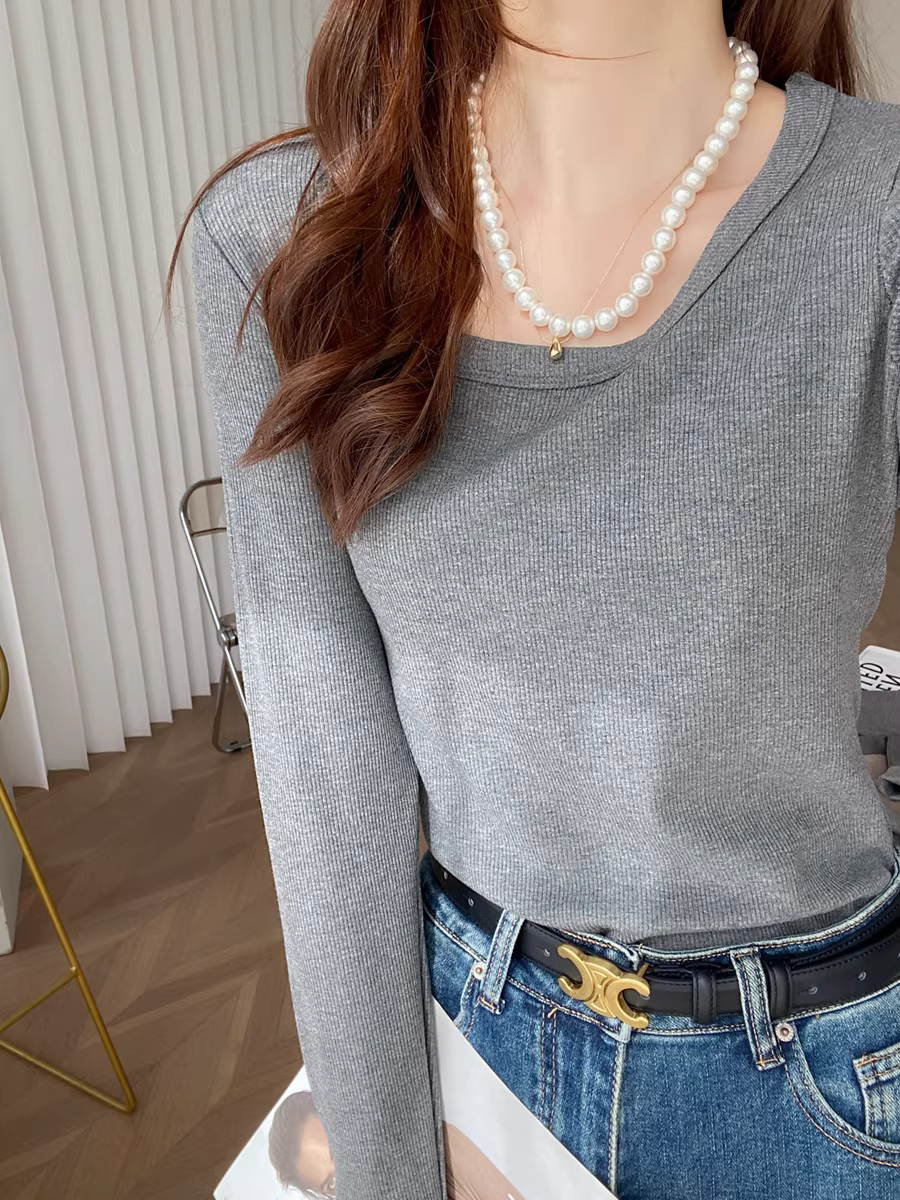 Áo thun dài tay cổ chữ U dày dặn 200g có ren dành cho nữ, áo sơ mi cơ bản đa năng màu trơn mới mùa thu đông