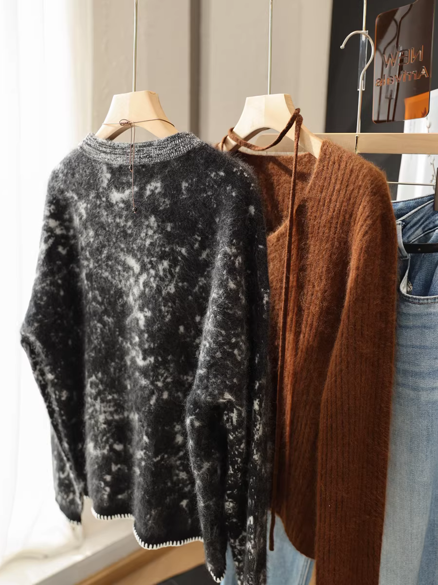 Áo len cashmere len chải sợi jacquard cao cấp Red Celebrity Store 2K+ mực, dày 320g, kiểu dáng rộng, móc len, dành cho nữ, mùa thu đông mới