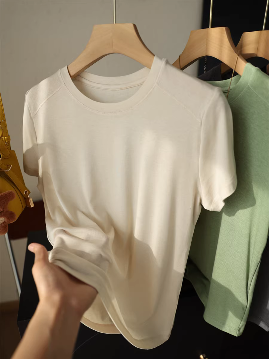 Chiến thắng với vải! Áo thun nữ tay ngắn cơ bản, cổ tròn, chất liệu 50% acetate + 45% lyocell, siêu mềm, mỏng, mới cho mùa hè.