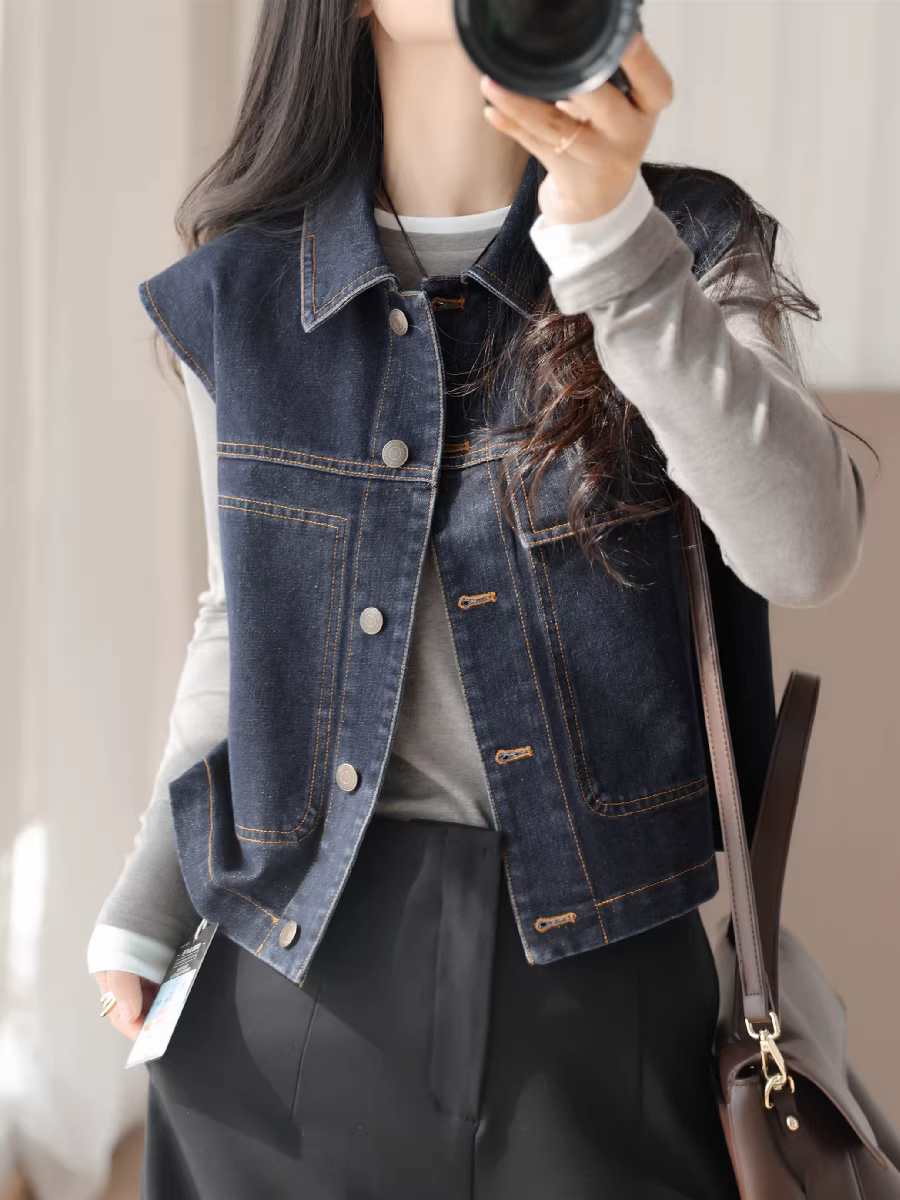 Thời trang cao cấp nhiều lớp, dáng áo sành điệu, áo khoác denim không tay, áo vest rộng kiểu cổ điển dành cho nữ, mới cho mùa xuân hè.