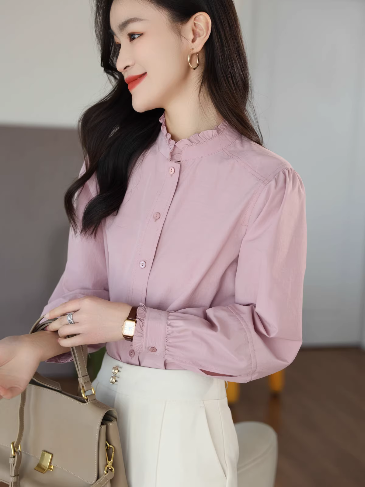 Áo sơ mi nữ tay đèn cotton giặt kiểu Pháp, cổ đứng bèo nhún, tay dài, dáng rộng, mẫu mới xuân hè