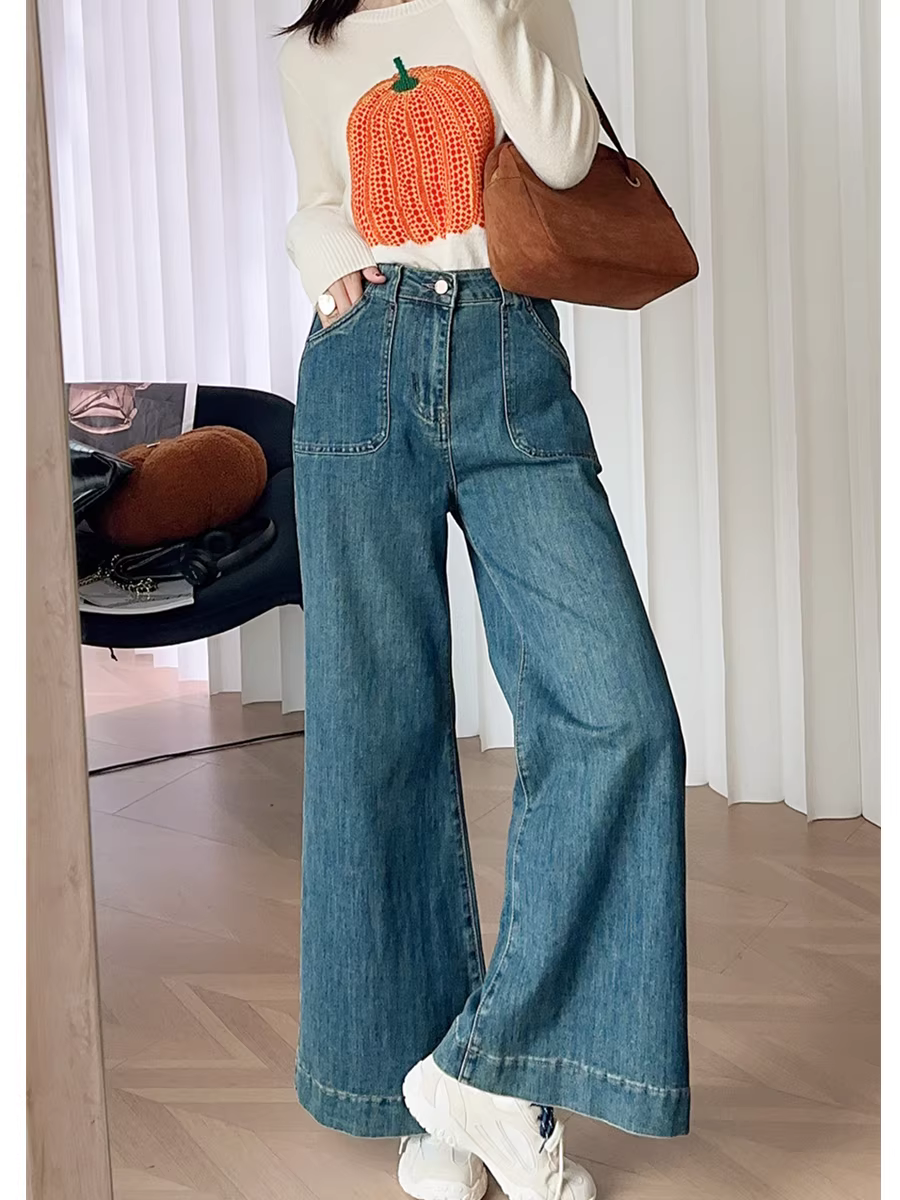 Không gian lưu trữ rộng rãi! Quần ống rộng dáng chữ A cạp cao phong cách retro Hồng Kông, quần jean rộng rãi và tôn dáng cho nữ, mẫu mới cho mùa thu.