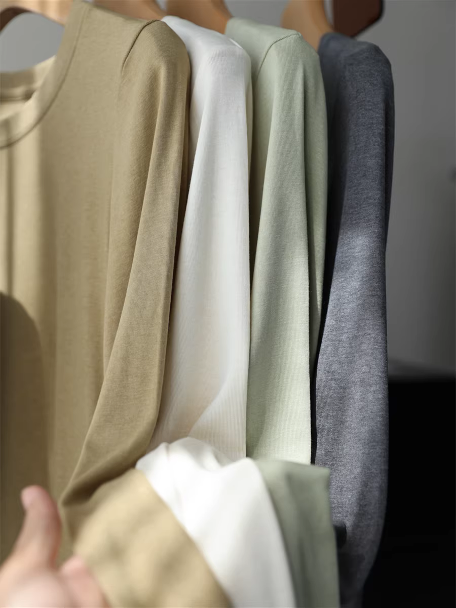 Áo thun chất liệu len acetate mềm mại và ấm áp, cổ tròn co giãn, ôm eo, dáng ôm, tay dài, dành cho nữ, mẫu mới đầu thu.