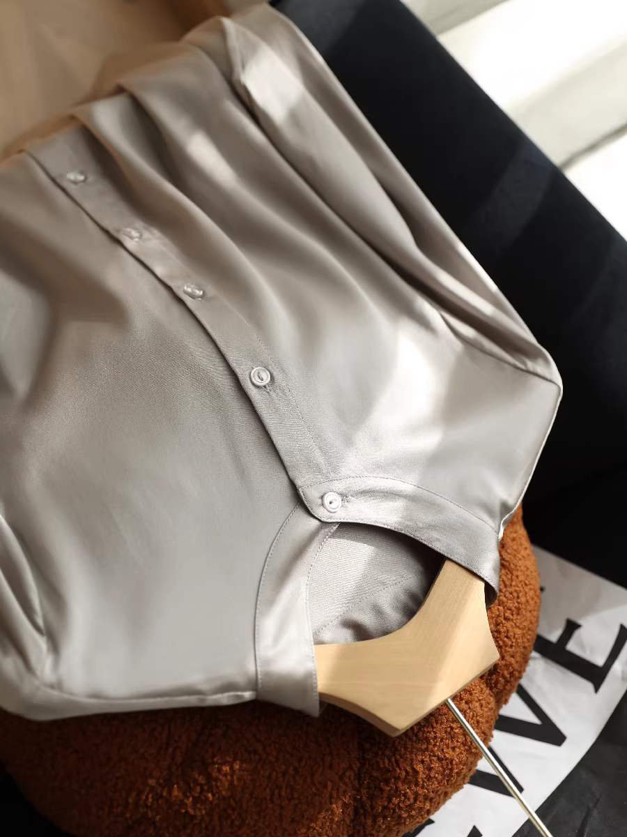 Áo sơ mi lụa nặng 19mm, chất liệu lụa tơ tằm bóng mượt cao cấp, kiểu cổ đứng, màu trơn, dành cho nữ mùa thu.