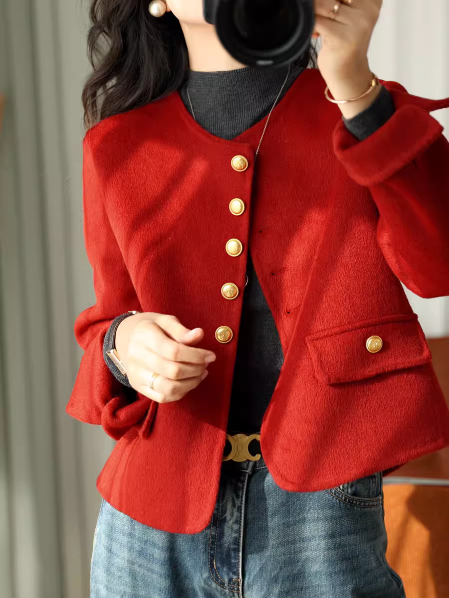 Giảm giá cuối năm! Áo khoác len 100% len tự nhiên, làm thủ công, hai lớp, có khuy cài vàng nhỏ một hàng, kiểu dáng rộng, ngắn dành cho nữ mùa đông.