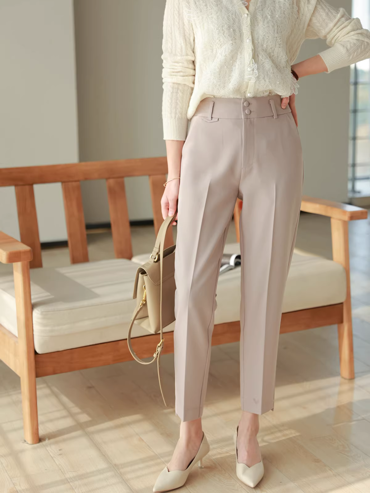 Phù hợp quá! Che phủ da và làm cho chân trông thẳng hơn! Thích hợp để đi làm, giúp thon gọn, quần ống đứng hai khuy, quần âu nữ, mùa xuân và mùa hè.