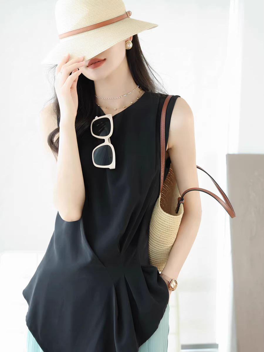 Ưu đãi đặc biệt! Áo lụa tơ tằm 100% hai lớp, ôm eo ba chiều, giảm béo, cổ tròn, không tay dành cho nữ, mùa hè.