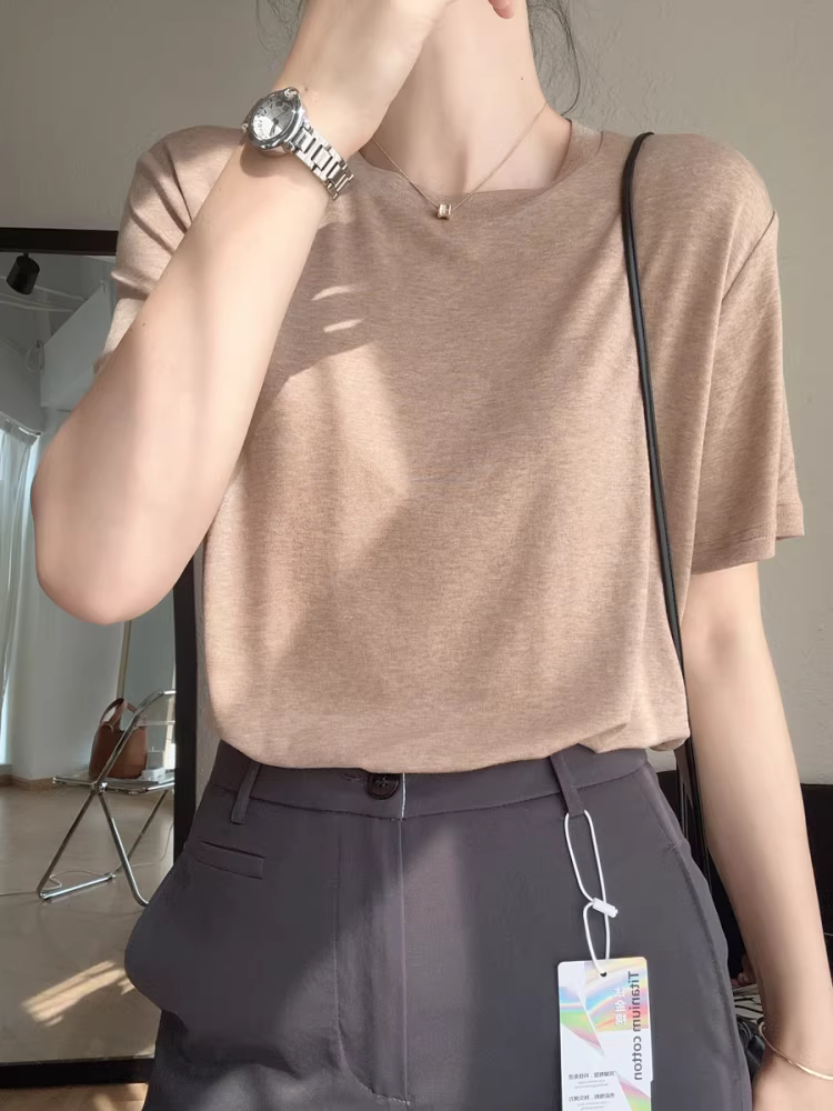 Siêu mềm mại! Áo thun ngắn tay bằng len merino siêu mịn Tencel 80 chiếc dành cho nữ, áo cổ tròn dáng rộng mùa hè.