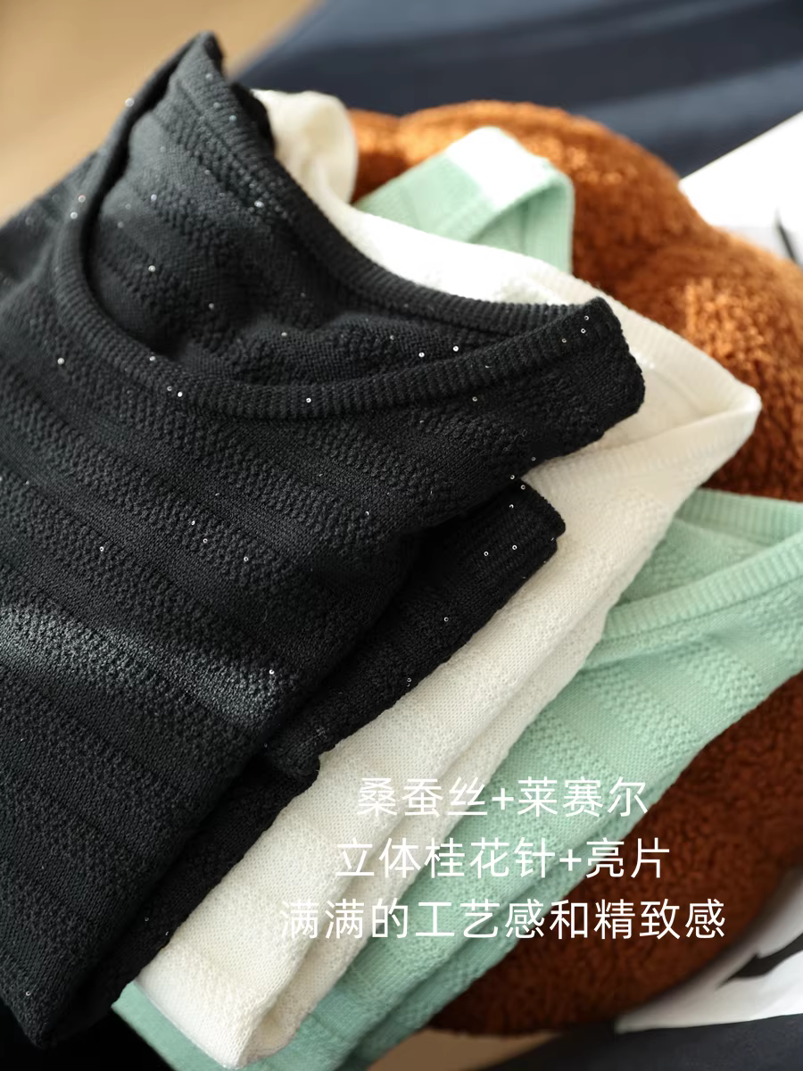 Áo thun dệt kim cổ tròn tay ngắn bằng lụa dâu tằm Tencel~3D hoa mộc lan + đính sequin dành cho nữ, áo mỏng mùa hè