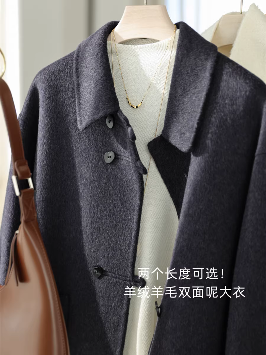 Hai chiều dài! Áo khoác len cashmere hai lớp, làm thủ công, dài trung bình, cổ trụ, áo khoác len nhỏ nhắn dành cho nữ.