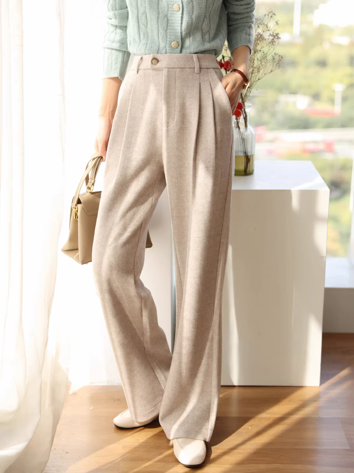 Quần len dạ dày dặn 720g, kiểu dáng cổ điển, kẻ xương cá, cạp cao, ống thẳng, ống rộng dành cho nữ, mùa thu đông