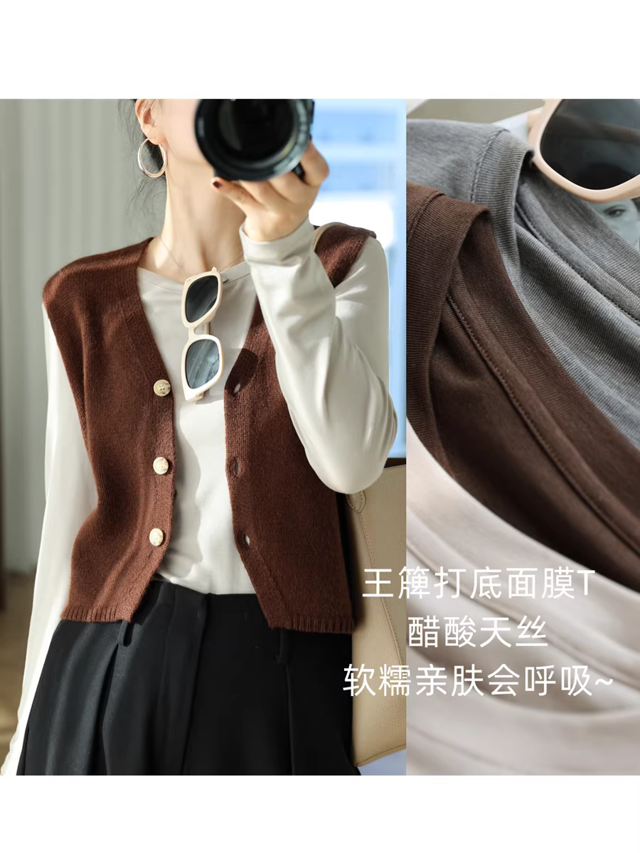 Mặt nạ dưỡng da dòng T chất liệu acetate Tencel cổ tròn áo thun mỏng dành cho nữ đầu thu đa năng chất liệu dệt kim mềm mại