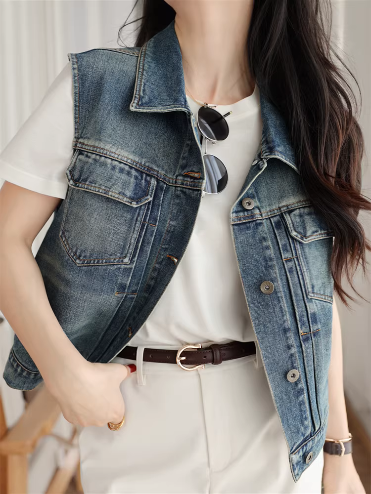 Áo khoác denim vintage nặng bền, được giặt mềm, phối lớp áo khoác không tay dáng rộng, cổ áo thời trang dành cho nữ, mùa xuân hè mới