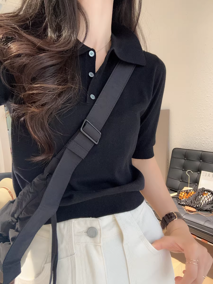 Màu cam bí ngô siêu sáng! Có chứa lụa và len, áo dệt kim cổ polo kiểu Pháp dành cho nữ đi làm mùa xuân.