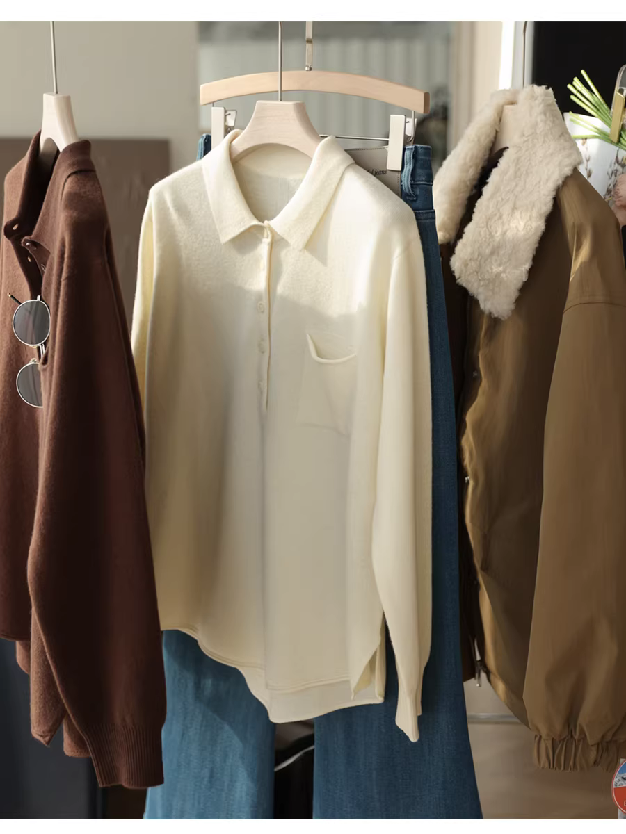 Áo len cao cấp 100% len, dày 280g, cổ trụ, có túi, dáng rộng, chất liệu dệt kim dành cho nữ, mùa thu đông