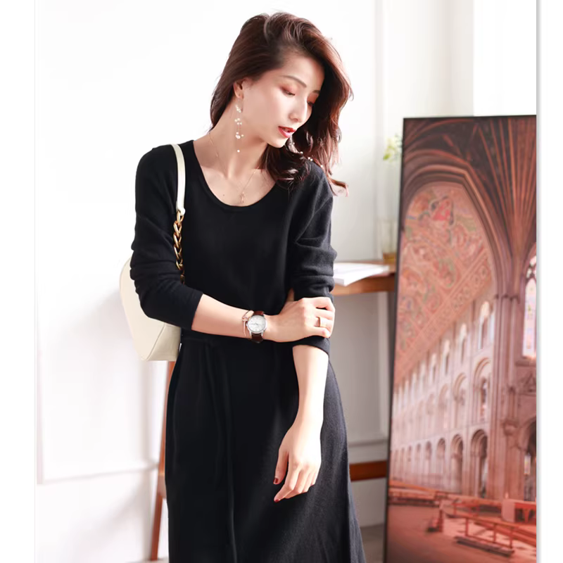 Phiên bản giới hạn! Váy len dệt kim cổ tròn thanh lịch chất liệu len mùa thu dành cho nữ, mùa thu đông, tay dài buộc eo, dáng rộng.