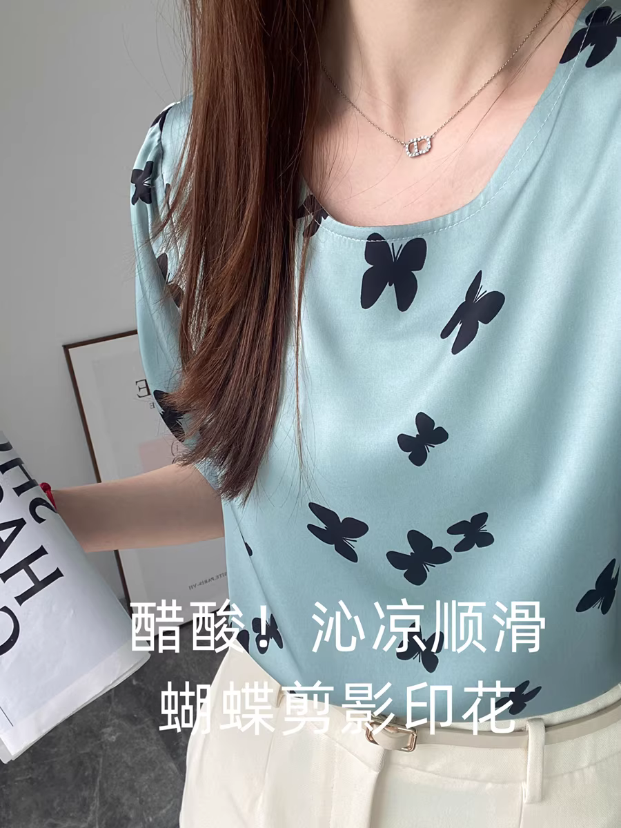 Áo sơ mi cổ tròn dáng rộng chống nhăn hình bướm lãng mạn mát mẻ bằng vải acetate cho nữ mùa hè mới