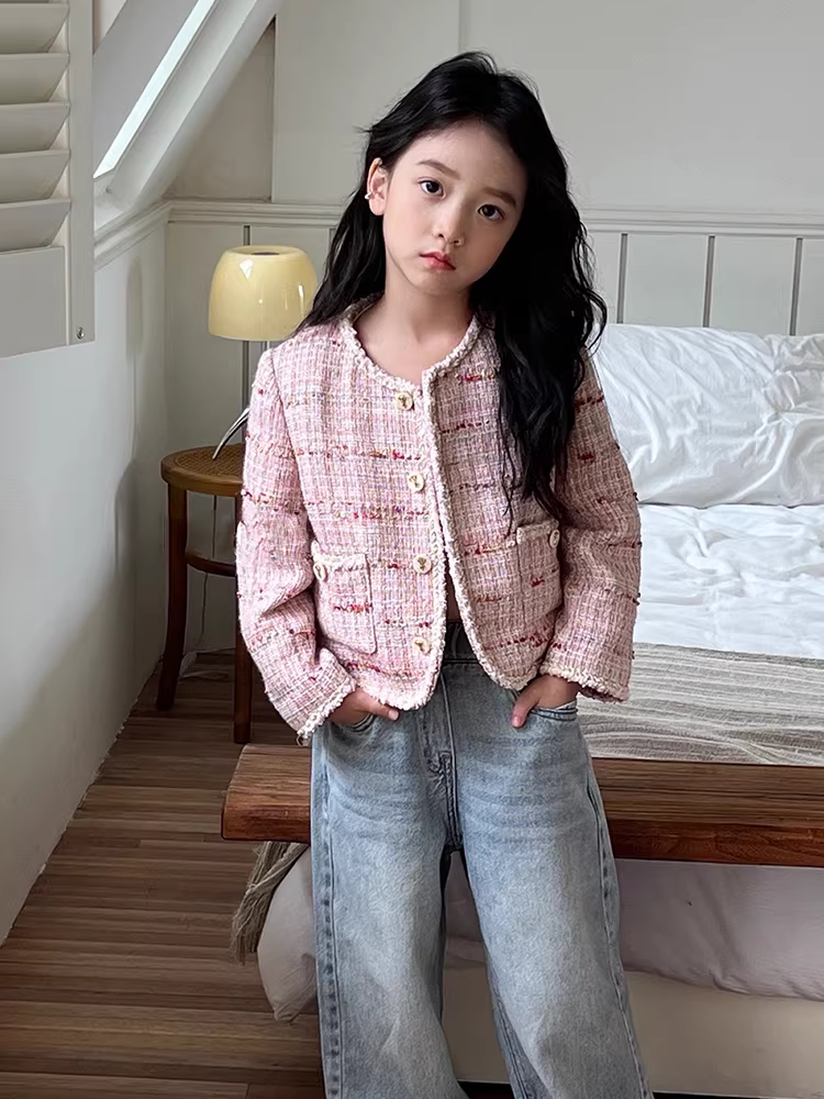 Quần áo bé gái Hàn Quốc xuân thu 2025, áo kiểu thời thượng trẻ em, áo khoác phong cách Chanel dễ thương cho trẻ lớn, trang phục mẹ và bé