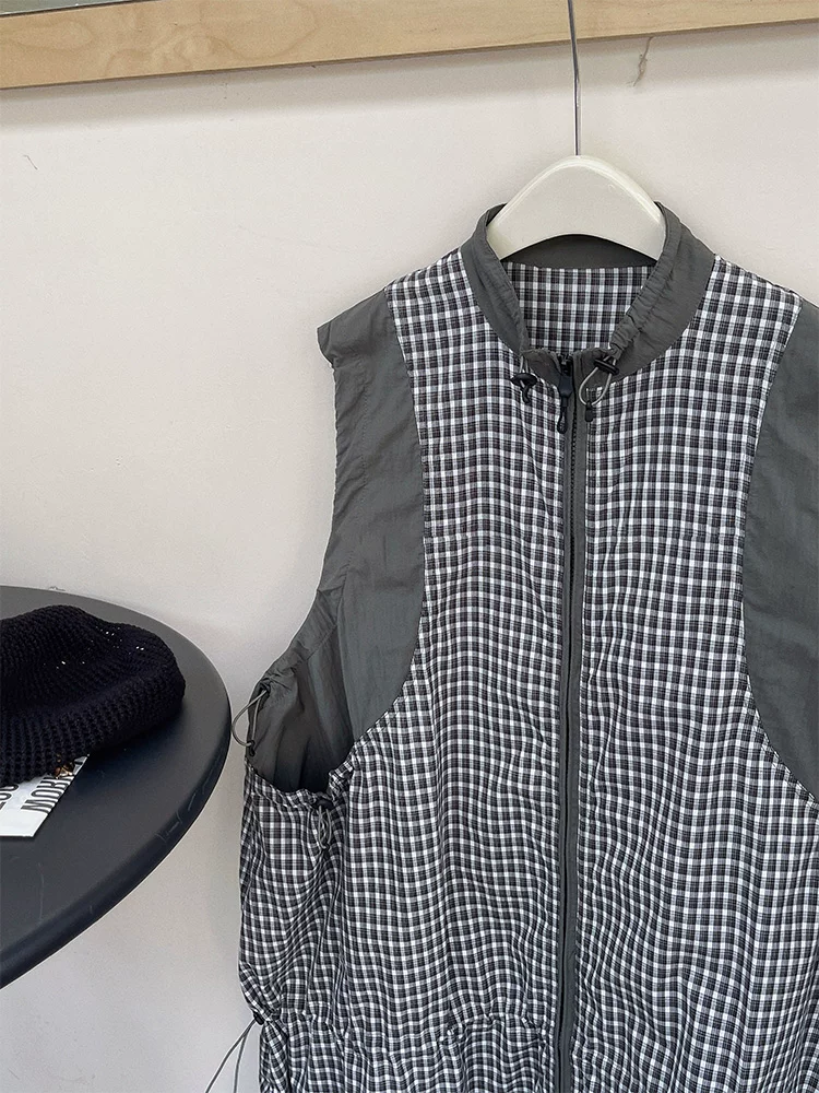 Váy vest kiểu áo khoác chắp vá kẻ sọc dành cho nữ, phong cách mùa hè, áo vest dài phong cách ngoài trời dành cho nữ theo phong cách núi non
