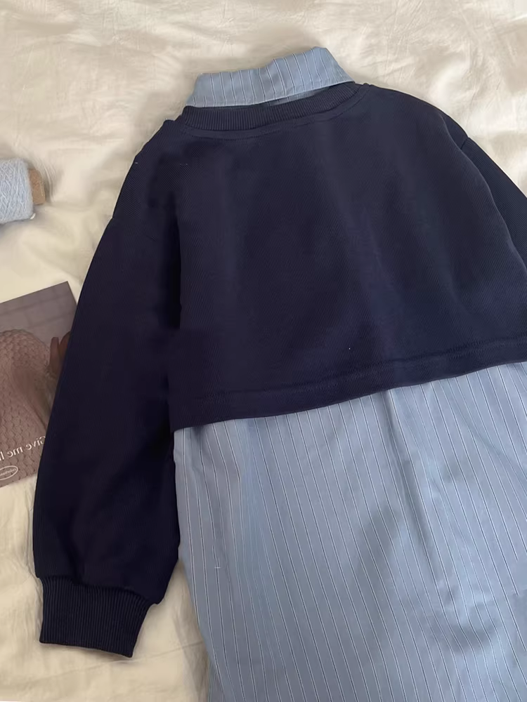 Váy bé gái xuân thu 2025 kiểu mới, áo sơ mi bé trai phối vải giả hai mảnh cho trẻ lớn, áo sơ mi váy, trang phục cha mẹ và con cái